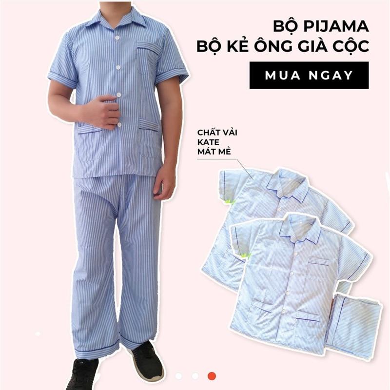 Đồ bộ pijama nam trung niên cao cấp mặc nhà chất vải kate thoáng mát ông già kẻ sọc cộc tay 0
