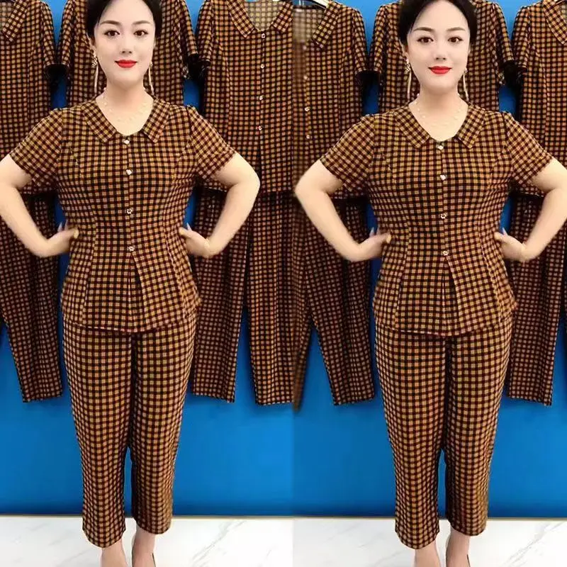 Quần Áo Mùa Hè Cho Mẹ, Bộ Đồ Hai Mảnh ngắn Tay, Bộ Đồ Nữ Trung Người Già Và Cao Tuổi, Bộ Áo Phông Cổ Tròn, Áo Sơ Mi Nhỏ Dáng Rộng Vừa Vặn, Thích Hợp Cho Phụ Nữ 50 Đến 60 Tuổi, Phong Cách Y2g 5