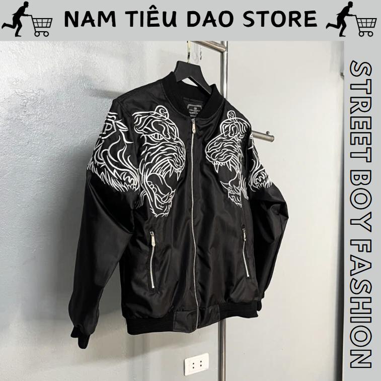 Áo Khoác Bomber Nam philip Thêu Hổ QP Trắng 2 Bên To Đùng vải gió 2 lớp Hàng Chuẩn LOGO kim loại To sau lưng - Mã Gió Hổ Trắng Menswear Jacket