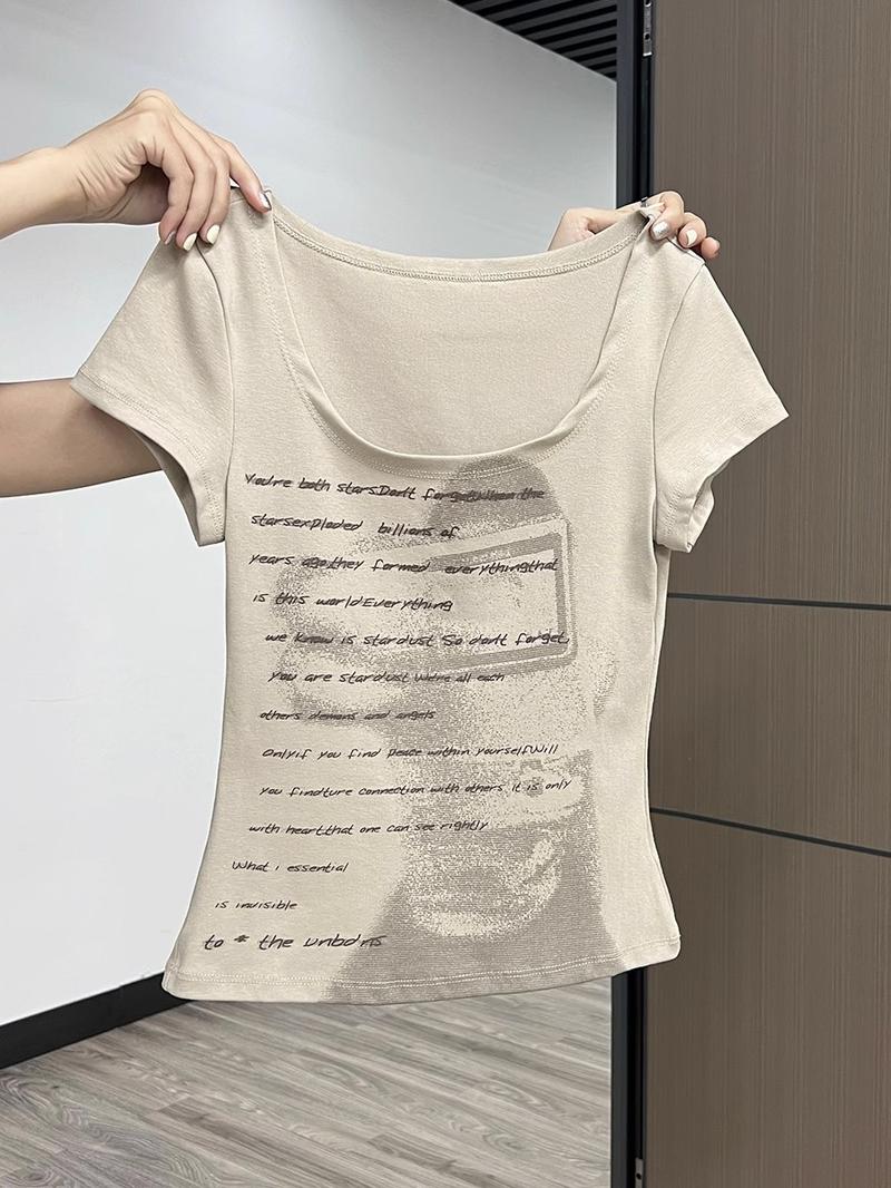 Product Introduction of Áo thun ngắn tay kiểu dáng cổ điển kiểu Mỹ mùa hè dành cho nữ, dáng ôm, kiểu dáng ngắn, lộ xương quai xanh, hot girl cổ chữ U to trong sáng 4