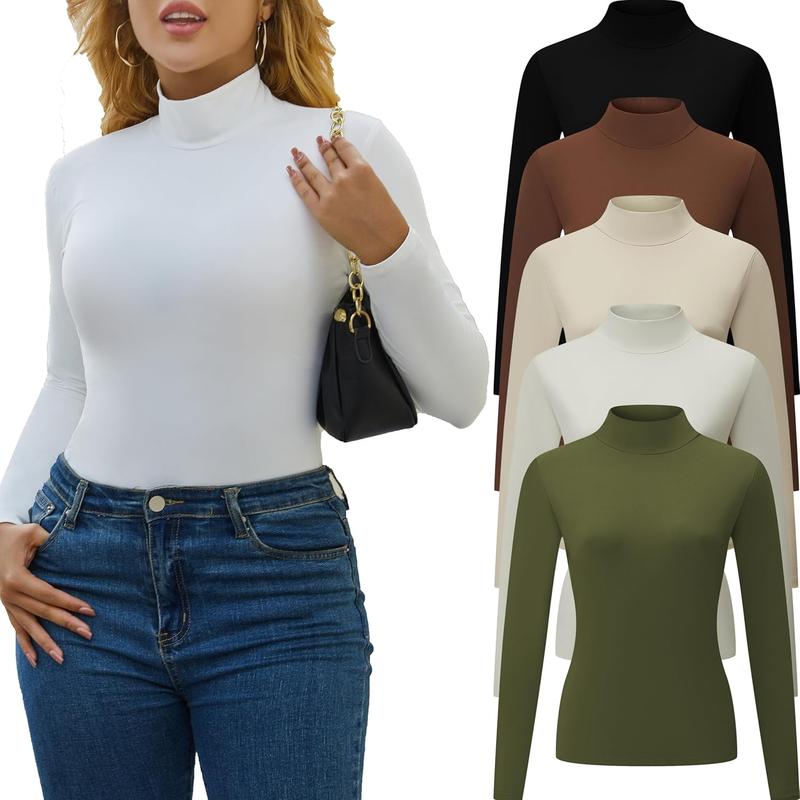 TikTok Shop 5 Piece Womens Mock Turtleneck Long Sleeve T Shirts High Neck Layering Tops Fall Slim Fitted Spring Tops