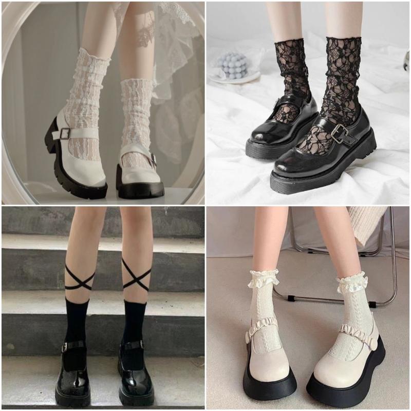   Free ship  Tất ren cổ beo cao cổ trắng đen phong cách lolita hot trend hàn quốc 