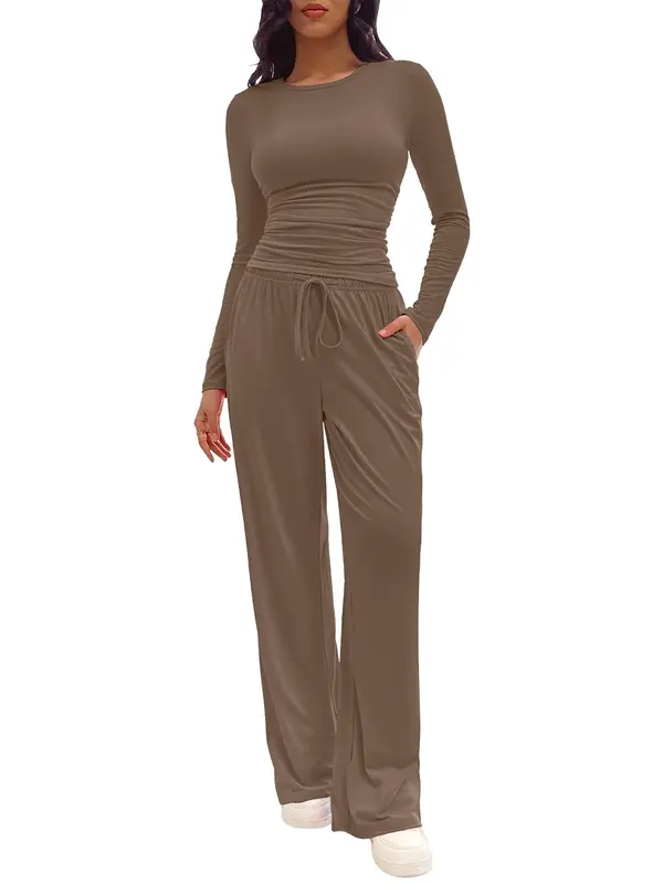 Two-piece Set Women's Solid Ruched Tee & Drawstring Pocket Pants Lounge Set, Casual Long Sleeve T-shirt & Elastic Waist Trousers, Pyjamas for Women, Ladies Sleepwear for All Seasons,  Lounge Tracksuit Women 5