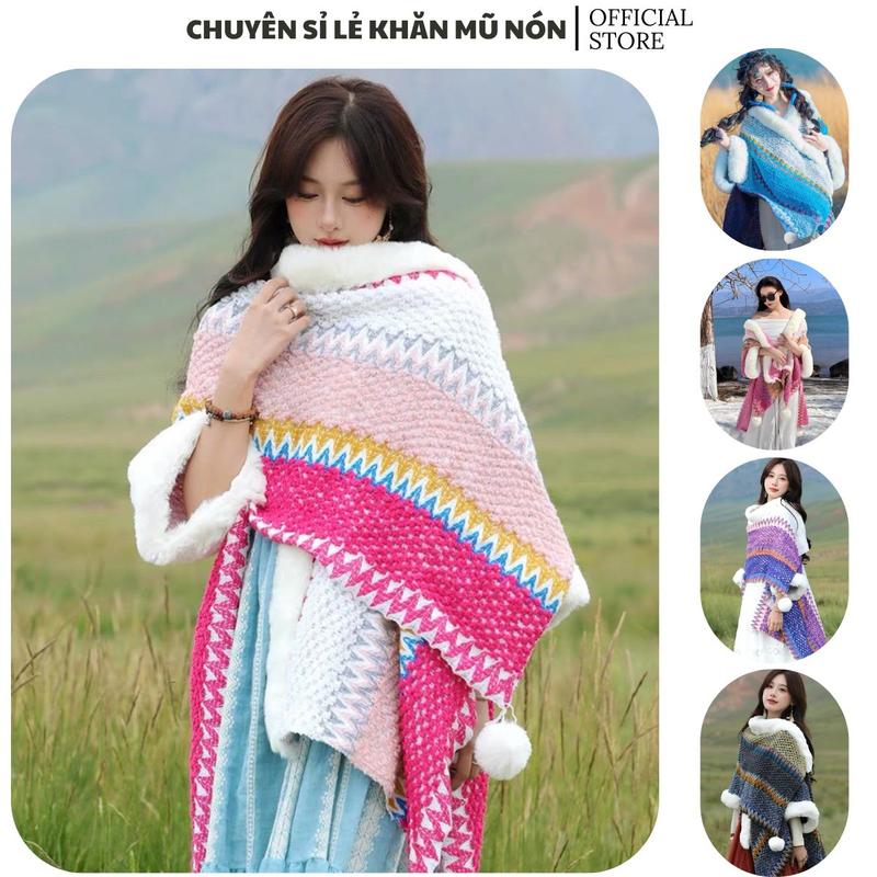 Khăn choàng thổ cẩm lông sang chảnh, áo choàng thổ cẩm lông  phong cách Tây tạng Women Quàng Cổ Hoa Choàng Cổ Len Voan