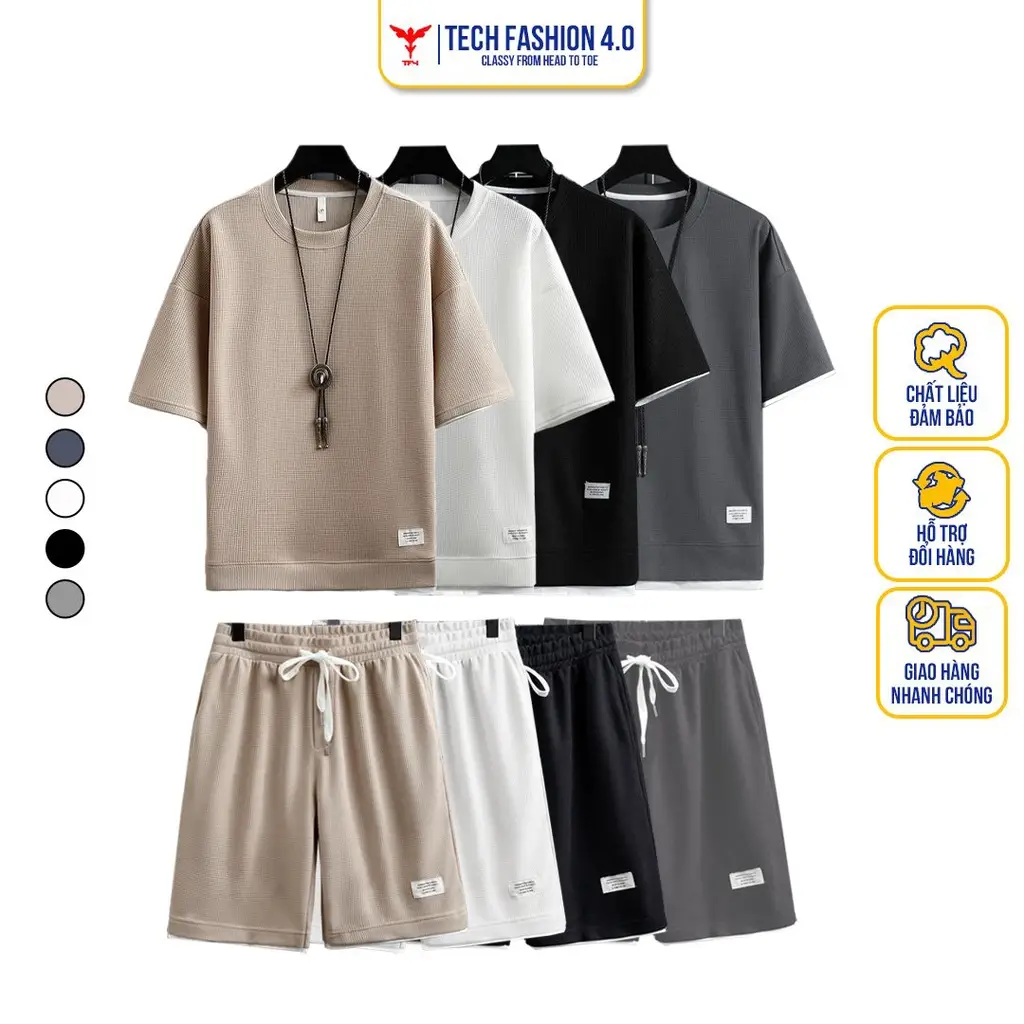 【XẢ HÀNG 2025】Bộ quần áo thun tổ ong cộc tay bộ đồ hè thoáng mát Nam Menswear