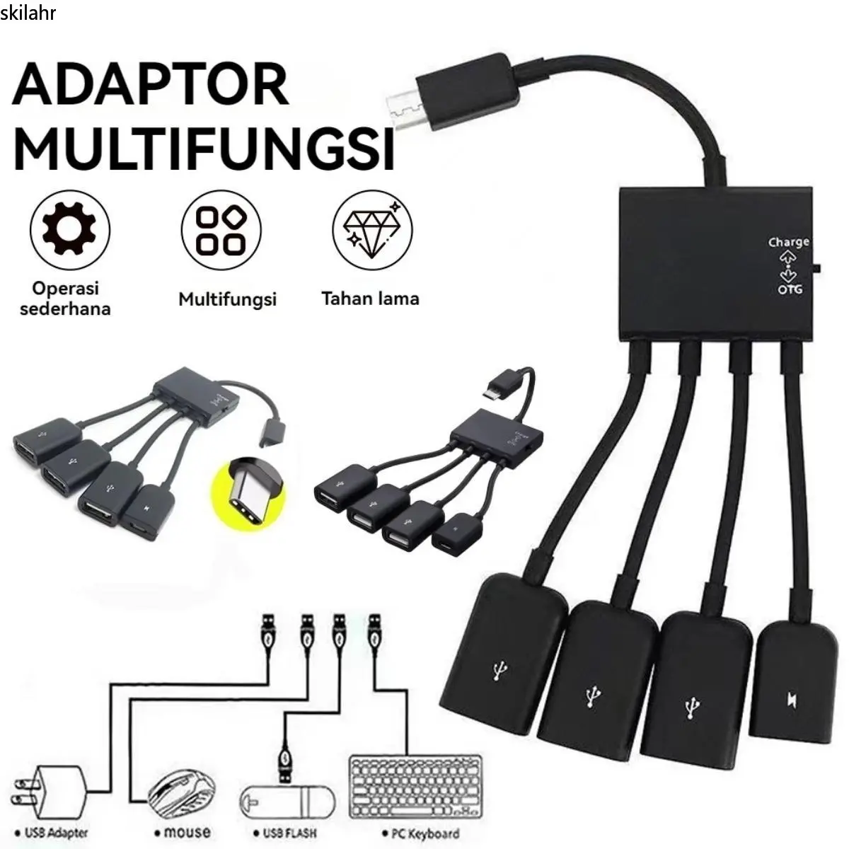 Micro USB OTG 1-ke-4 dengan sakelar pengisian daya, adaptor multi-port untuk flash drive USB eksternal ponsel dan mouse
