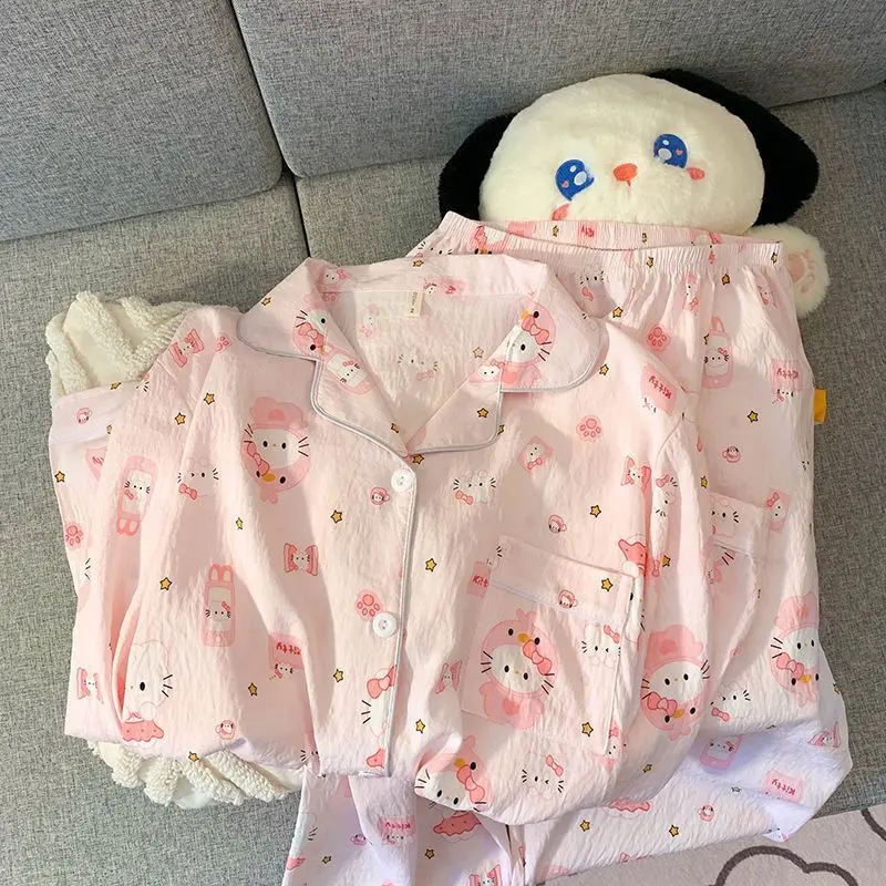 Hello Kitty Đồ Ngủ, Dành Cho Trẻ Em, Bộ Quần Dài Áo Dài Tay, Mùa Xuân Và Mùa Thu, Làm Bằng Bông Đám Mây, Thích Hợp Cho Trẻ Trung Và Lớn, Thiết Kế Hoạt Hình Dễ Thương, Có Thể Mặc Làm Áo Mặc Bên Ngoài Hoặc Đồ Mặc Nhà