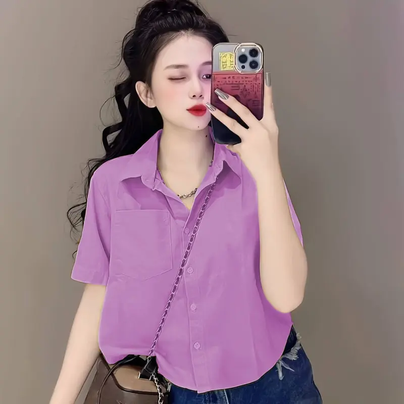 Áo sơ mi nữ tay ngắn form rộng, Áo croptop nữ kiểu 6