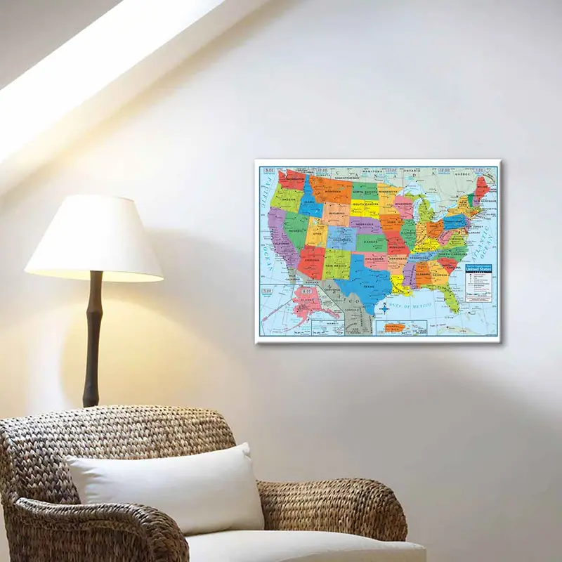Wooden Framed Canvas Map Of The United States Poster, Modern Art Decoration, Pattern Wall Art Decor, Frame Painting for Living Room, Bedroom, Office, Restaurant Wall Decor 4