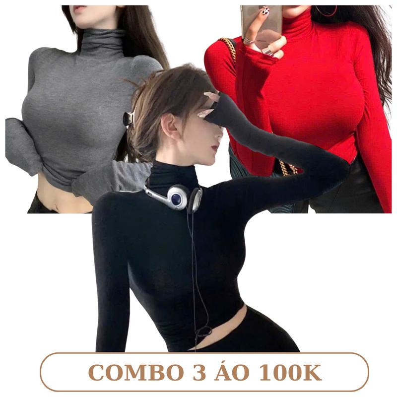 Combo 3 Áo Cổ Cao Tay Dài Ôm Body Thun Cotton Lụa Mỏng Mềm Mịn Co Giãn 4 Chiều Thấm Hút Mồ Hôi Freesize 42-52kg 7 Màu Sang Trọng Cho Nàng Thoải Mái Vận Động