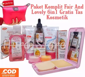 Fair And Lovely [ GRATIS TAS KOSMETIK ] 1 Paket Lengkap Glowing Asli 6 In 1 Fair And Lovely - Cream Siang Malam - Pelembab -Facial Foam - Toner-Bedak Plus Serum Fair And Lovely