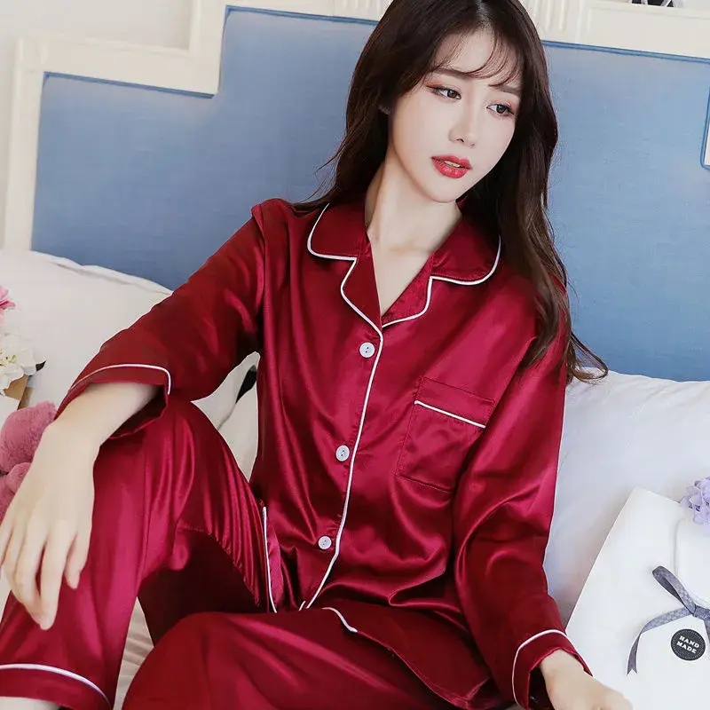 Đồ Ngủ Cho Nữ, Phong Cách Hàn Quốc, Bộ Đồ Hai Mảnh, Dài Tay, Chất Liệu Lụa Lạnh Thích Hợp Cho Mùa Xuân Và Mùa Thu, Có Thể Mặc Ngoài Trời, Gợi Cảm, Ngoại Cỡ, Đồ Mặc Nhà 0