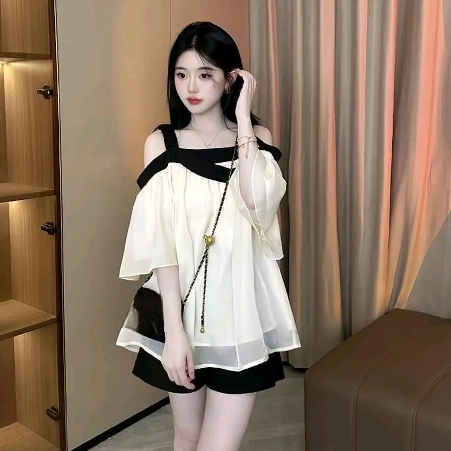 Sét áo trễ vai + quần đùi tac ta[áo tơ voan] form rộng free size Nữ Women Nhung Top