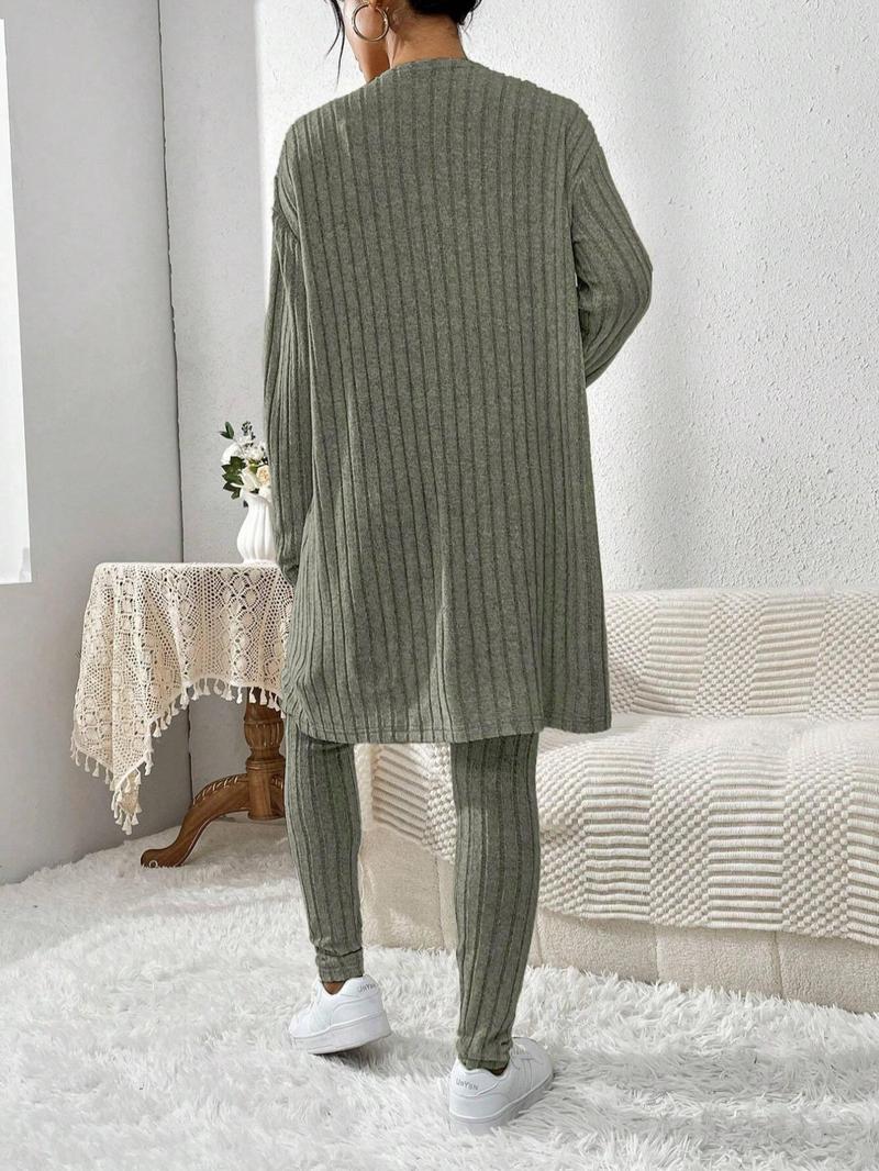 Product Introduction of 【Plus Size】 Three-Piece Set Solid Color Set, Casual Fashion Drop Shoulder Open Front Outerwear & Drawstring Waist Pants & Tank Top Set for Daily Outdoor Wear, Co-ord Sets, Women's Lounge Clothing for Fall & Winter 2
