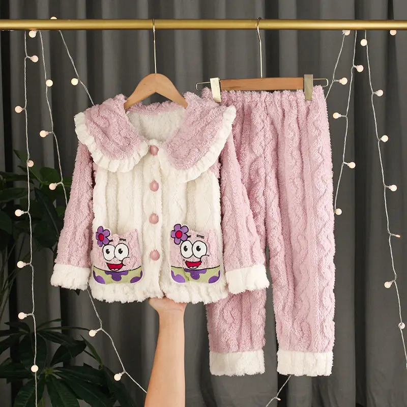 Đồ Ngủ Mùa Đông Cho Trẻ Em, Lông Cừu San Hô, Vừa Và Lớn, Vải Flanen Dày, Phong Cách Công Chúa Dễ Thương, Bộ Đồ Dài Tay, Đồ Mặc Nhà 4