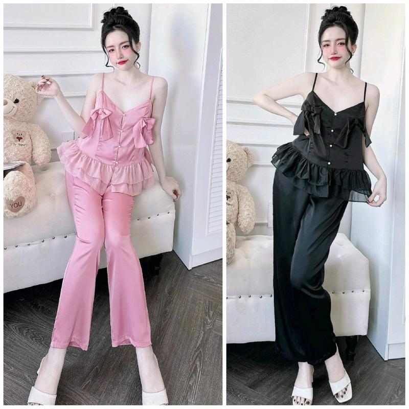 Đồ Bộ Nữ Mặc Sang - BỘ ĐỒ ÁO 2 DÂY KÈM QUẦN DÀI CÓ TÚI NÚT NGỌC ĐÍNH NƠ SANG XỊN - LỤA LATIN VÀ VOAN TƠ MỀM MẶC MÁT Đồ bộ pyjama Kem Voi Women Hồng rose đồ pijama
