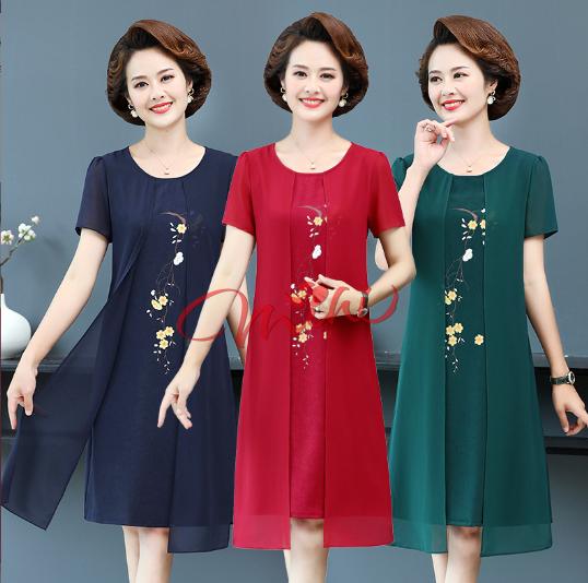 Váy đầm trung niên nữ đẹp Voan 2 lớp V38 Mihi - Áo đầm dáng suông cho mẹ bà cho người lớn tuổi trung tuổi thời trang mùa hè mùa thu cao cấp sang trọng dự tiệc dạ hội U40 U50 U60 U70 giá rẻ Bigsize cho người mập size lớn Dress Women Xanh Lá