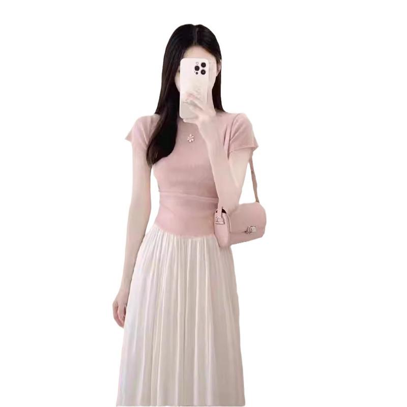 Bộ Đồ Muối Nhỏ Phong Cách Mùa Hè, Áo ngắn Tay Và Váy Màu Hồng, Thanh Lịch Và Nhẹ Nhàng, Phong Cách Cổ Điển Trưởng Thành Nhẹ Nhàng, Bộ Đồ Hai Mảnh, Dành Cho Nữ 4