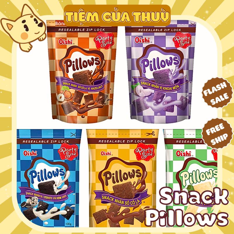 Snack Pillows Oishi Nhân Sữa Dừa - Socola - Kem Vani Gói 85G Bánh Nhân Kem Oishi đồ ăn vặt