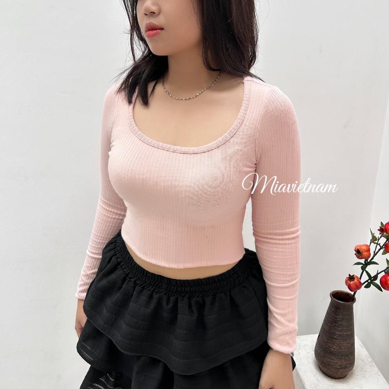 Miavnbigsize - Áo thun ôm cổ vuông dài tay chất cotton mịn dáng croptop