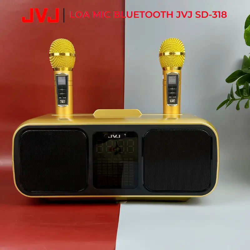 Loa bluetooth karaoke 2 mic SD-318 JVJ Không dây, kèm 2 mic công suất lớn 30W  có ba màu vàng, xanh, ghi dùng để Nghe Nhạc và Hát Karaoke - Bảo hành 6 Tháng 2