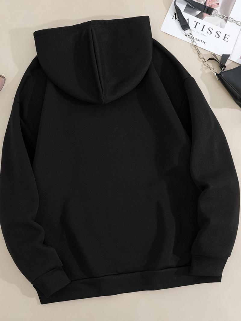 Product Introduction of Plus Size Cartoon Cow & Letter Print Drop Shoulder Hoodie, Fashion Casual Drawstring Pocket Hooded Sweatshirt for Daily Holiday Outdoor Wear, Women Plus Clothing for Fall & Winter 2