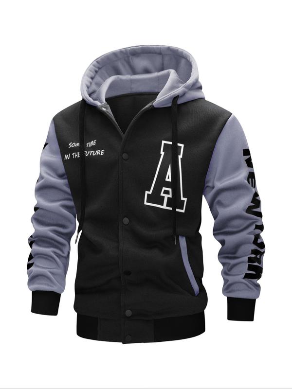 Men's Colorblock Letter Print Drawstring Button Front Hooded Jacket, Regular Fit Casual Pocket Long Sleeve Outerwear For Spring & Fall, Men's Clothes For Daily Wear 3