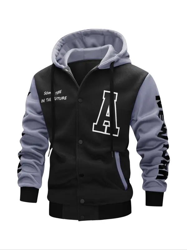 Men's Colorblock Letter Print Drawstring Button Front Hooded Jacket, Regular Fit Casual Pocket Long Sleeve Outerwear For Spring & Fall, Men's Clothes For Daily Wear 3