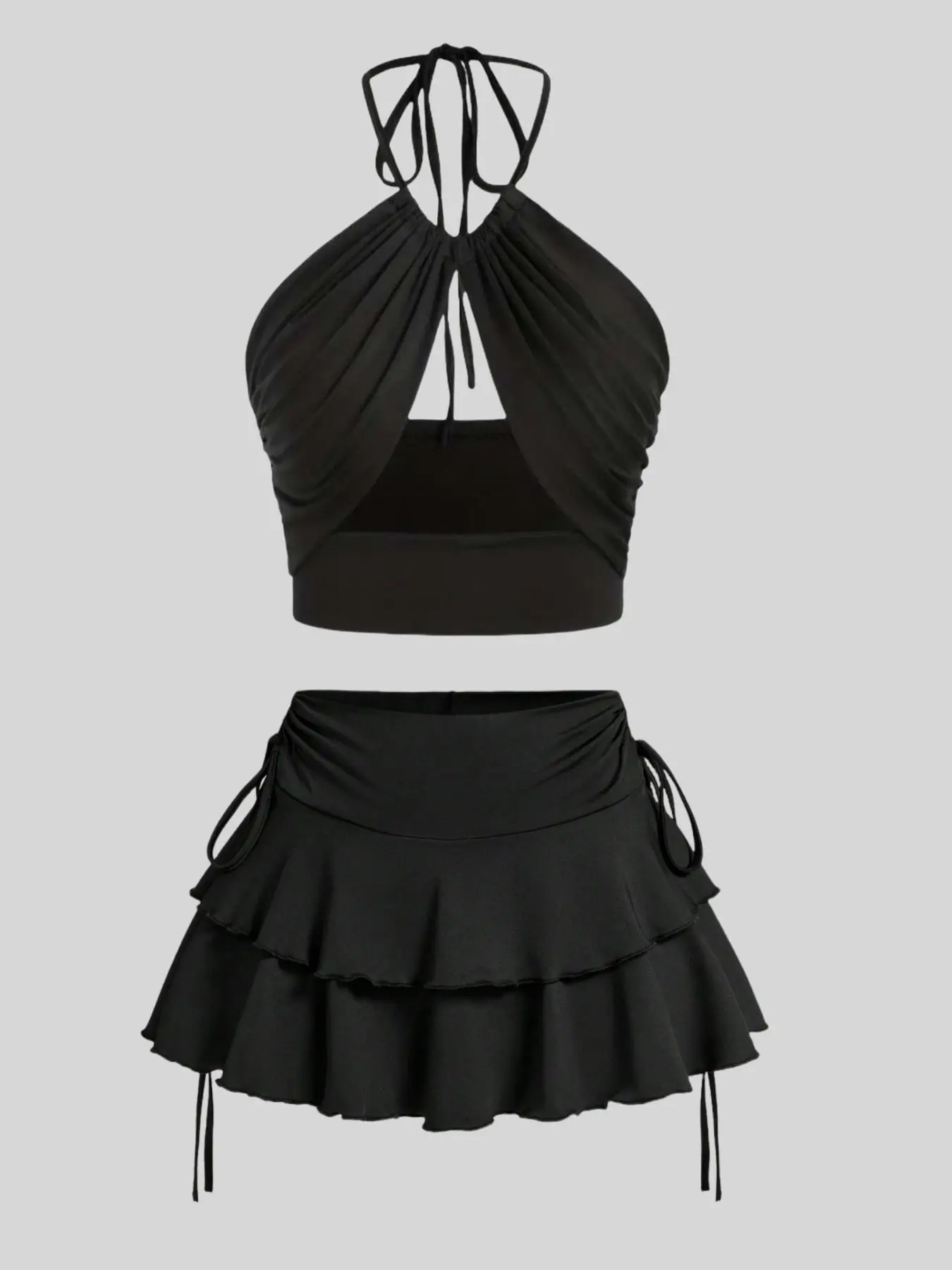 Women's Solid Ruched Tie Back Halter Top & Ruffle Skirt Set, Sexy Chic Backless Sleeveless Top & Tiered Layer Skirt, Ladies Summer Clothes for Beach Holiday Vacation, Womenswear