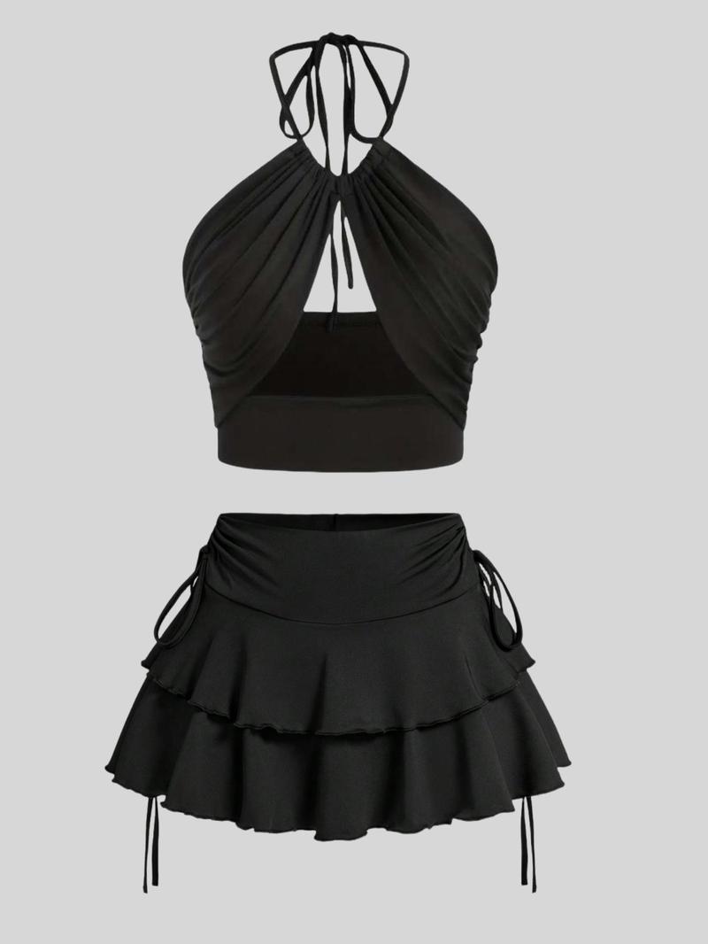 Product Introduction of Women's Solid Ruched Tie Back Halter Top & Ruffle Skirt Set, Sexy Chic Backless Sleeveless Top & Tiered Layer Skirt, Ladies Summer Clothes for Beach Holiday Vacation, Womenswear 1