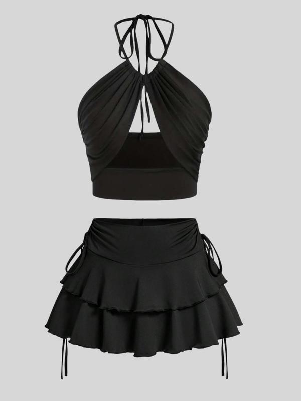 Women's Solid Ruched Tie Back Halter Top & Ruffle Skirt Set, Sexy Chic Backless Sleeveless Top & Tiered Layer Skirt, Ladies Summer Clothes for Beach Holiday Vacation, Womenswear 0