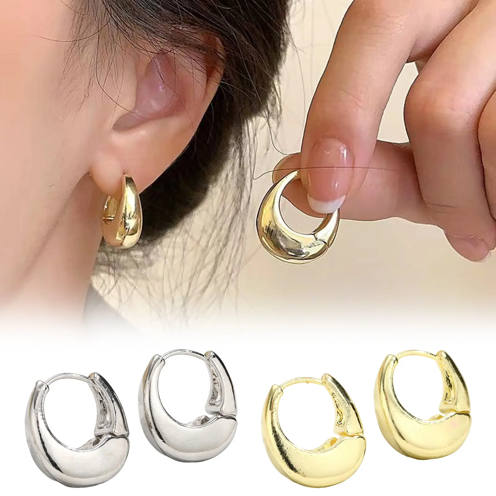 Nemoutube-Chunky Gold Ear Cuff Earrings for Women Minimalist Oval Earrings Cartilage Stud Huggie Hoop Earrings