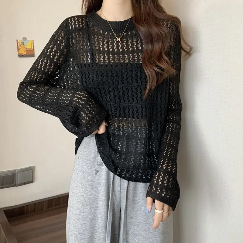 Hollow Out Knitwear T-shirts Spring Summer Long Sleeve O-Neck Short Pullover Tops Female Thin Sun Protection Clothing Womenswear Lingerie