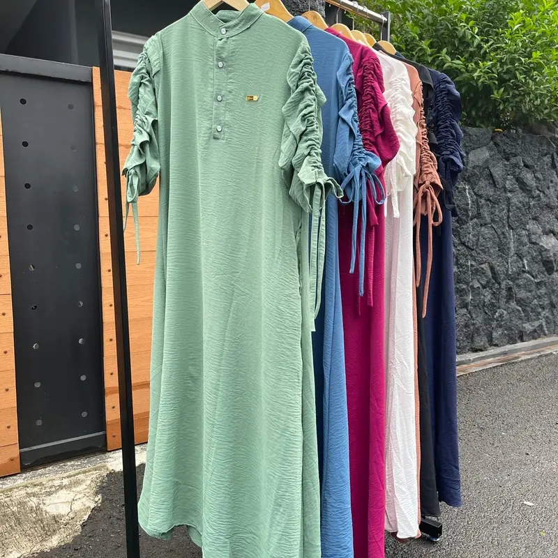 Melan Dress Crinkle Airflow  Polos Busui Friendly Variasi Button & Tali Serut / Fashion Muslim Wanita / Gamis Lebaran Kekinian 1
