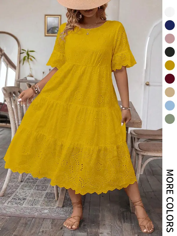 【Plus Size】 Plain Eyelet Embroidery Dress, Casual Bohemian Fashion Round Neck Dress for Daily Holiday Vacation Wear, Women Plus Clothing for Summer, Womenswear, Plus Size Dresses, Plus Size Tummy Flattering Dresses, Floral Lace Dress 5
