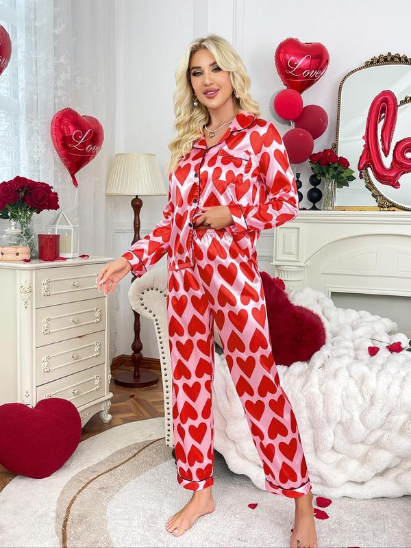 Women's Heart Print Satin Loungewear Set, Casual Lapel Button Front Shirt & Trousers Pajama Set, Valentine's Day Gift, Women's Sleepwear, Womenswear, Winter Co Ord Sets Valentine's Day, Two Piece Set Women 5