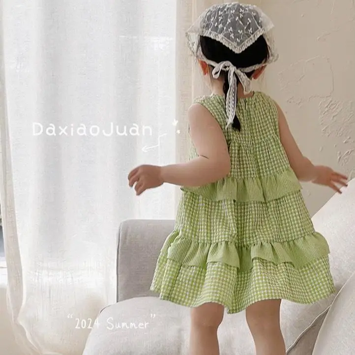 E408 Đầm công chúa sát nách xanh cổ phối ren trắng gắn bông siêu xinh chất thô mềm cho bé gái đi học đi chơi, đi đám cưới | EMBESTIHON 7
