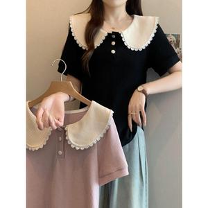 เสื้อยืดแขนสั้นปิดกั้นสี คอปกตุ๊กตา แต่งลูกไม้ Unisex ดีไซน์สวย เสื้อเด็กโค้ง เหมาะสำหรับฤดูร้อน 2025 มาใหม่