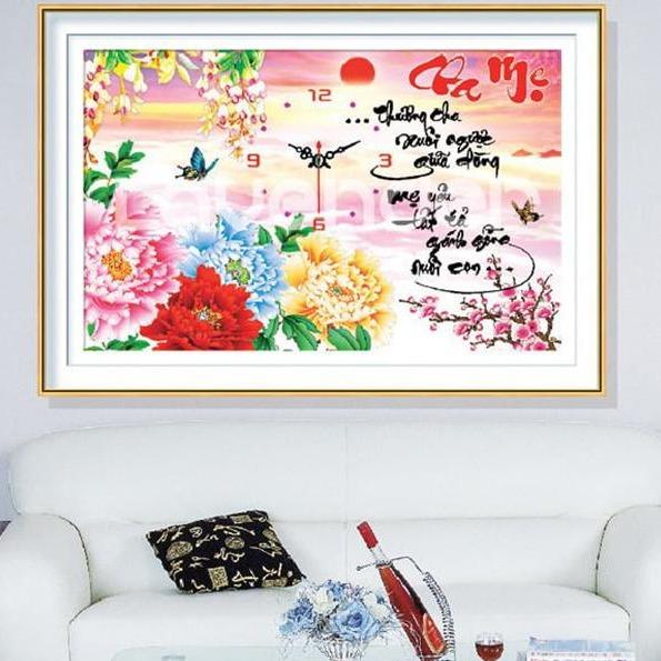 Tranh thêu chữ thập cha mẹ mẫu đơn đồng hồ LV3116