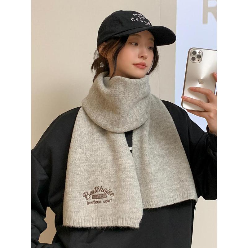 Embroidered Brown with Letters with Woolen Knitting Scarf Winter Girls 2023 New High-Grade Korean Style All-Match Scarf 7