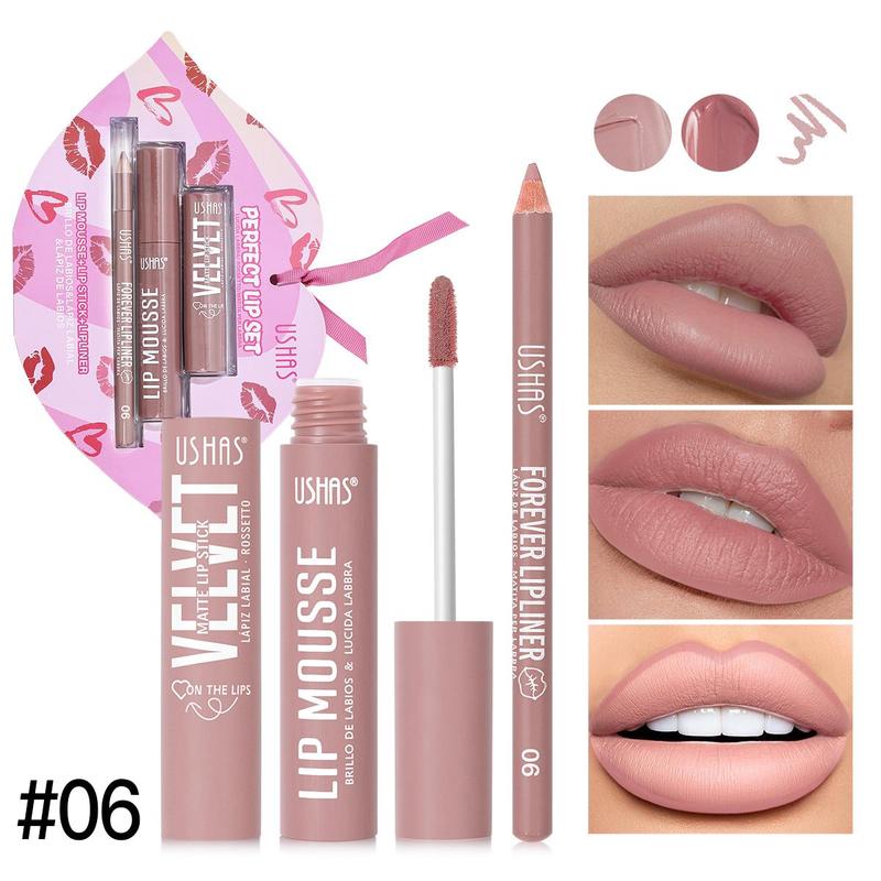 Product Introduction of Long Lasting Lip Makeup Set, 3 Counts/set Lipstick & Lip Gloss & Lip Liner, Moisturizing Lip Makeup Kit, Suitable for Daily Makeup, Valentine's Day Gift, Makeup Products 6
