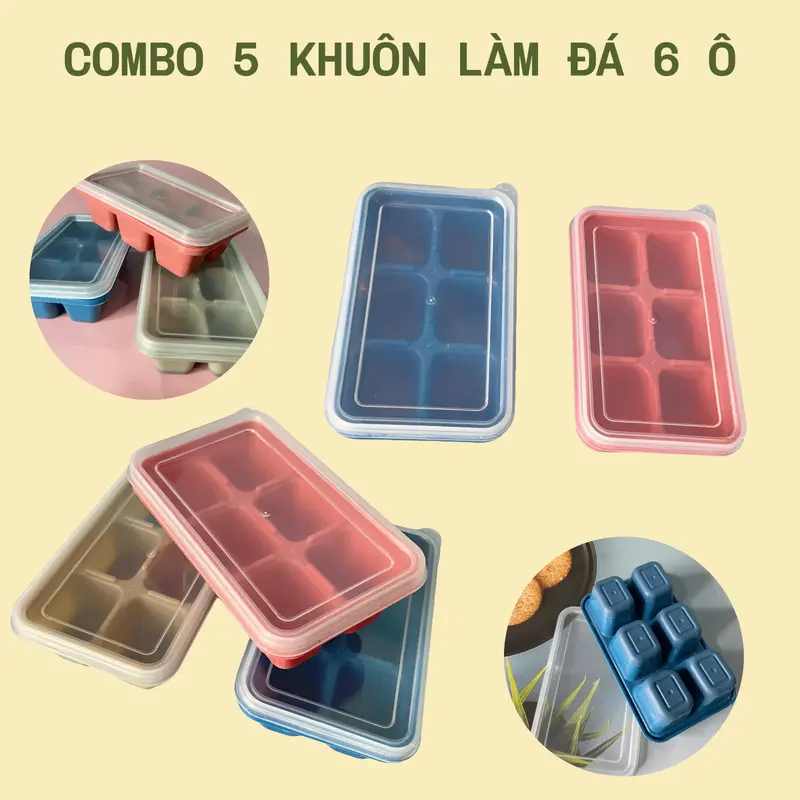 Combo 5 Khay Làm Đá 6 Ô Chất Liệu Nhựa Kết Hợp Silicon, Khay Làm Đá Có Nắp Đậy , Sâu Lòng , Khuôn Làm Đá, Khuôn Làm Thạch khayla  mdavientron 0