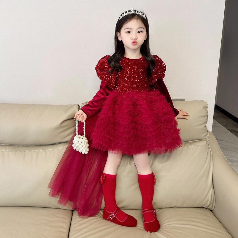 Lương Bùi Kids - A007: Váy Nhũ Đỏ Lót Nhung Kèm Nơ Đỏ Cho Bé Gái QCCC