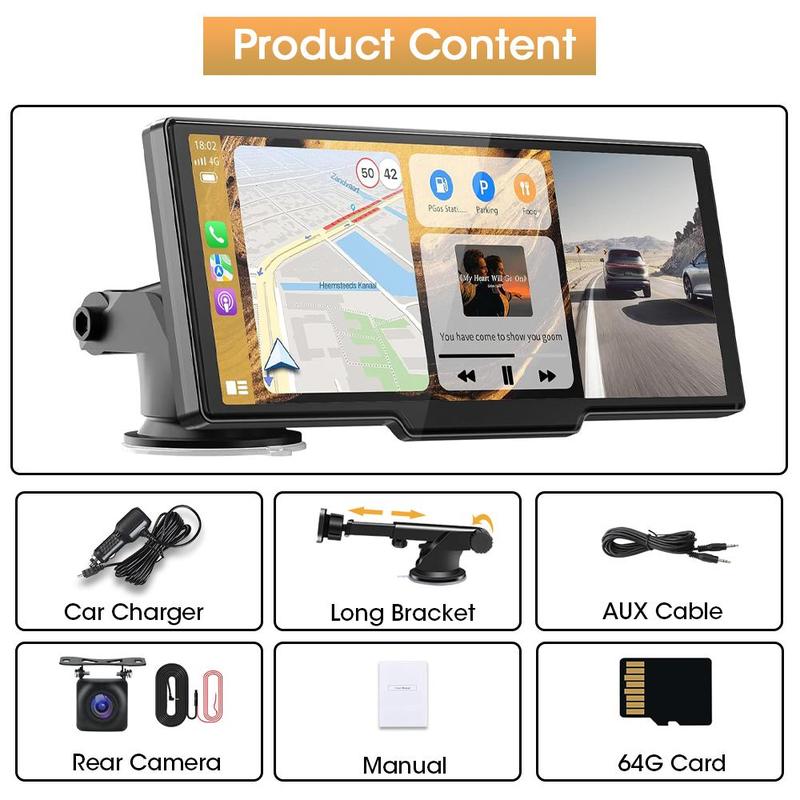 Product Introduction of 10.2 Inch Wireless Car Player, Portable Car Player with Adjustable & Detachable Mount, 4K Dash Cam & 1080P Backup Camera, HD IPS Touchscreen, GPS Navigation, Bluetooth-compatible, Car Stereo, Radio 8