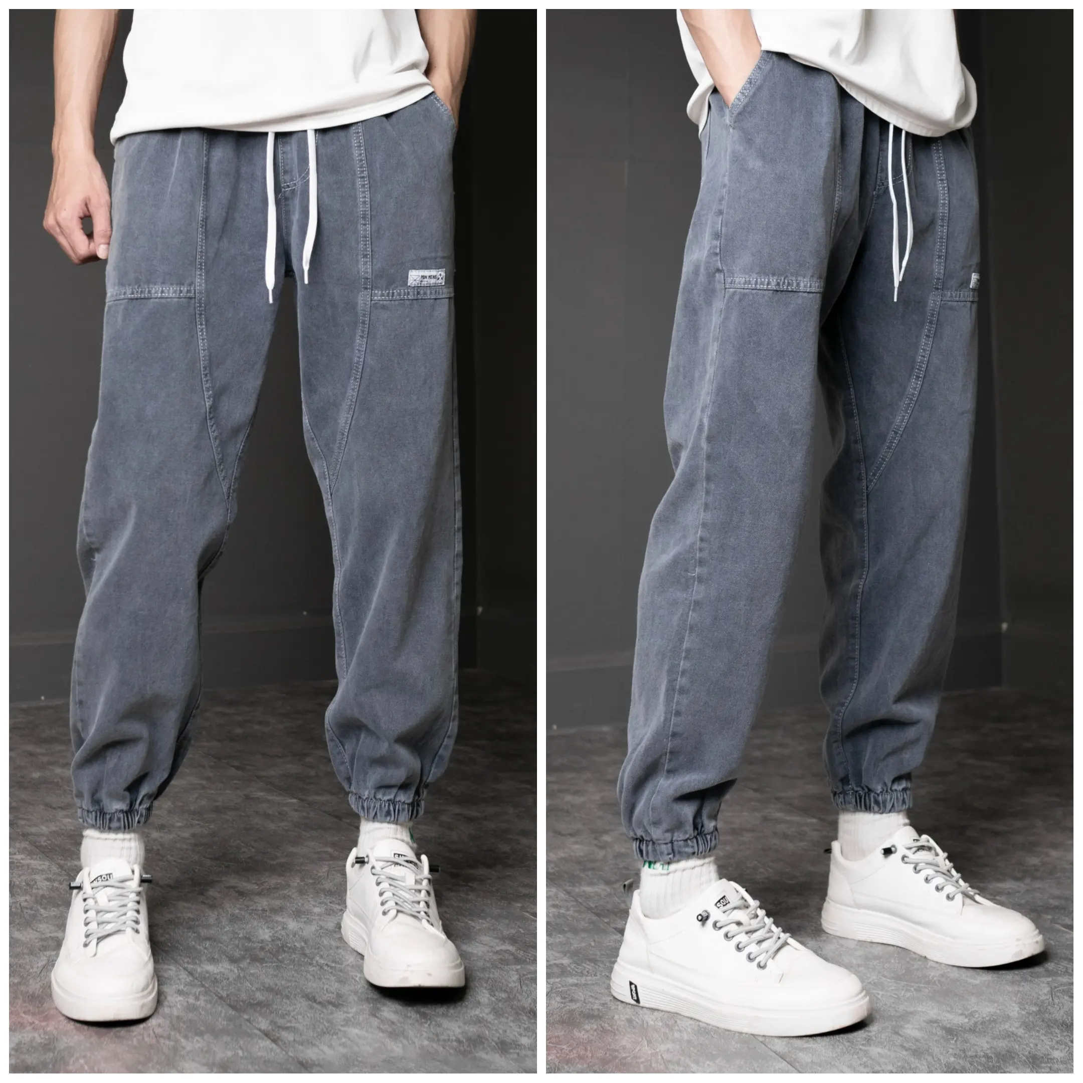 Quần Jogger Jean nam màu xám logo thêu bó gấu lưng chun 706x pon.mens3 hà nội Menswear Cotton Pants Có Túi
