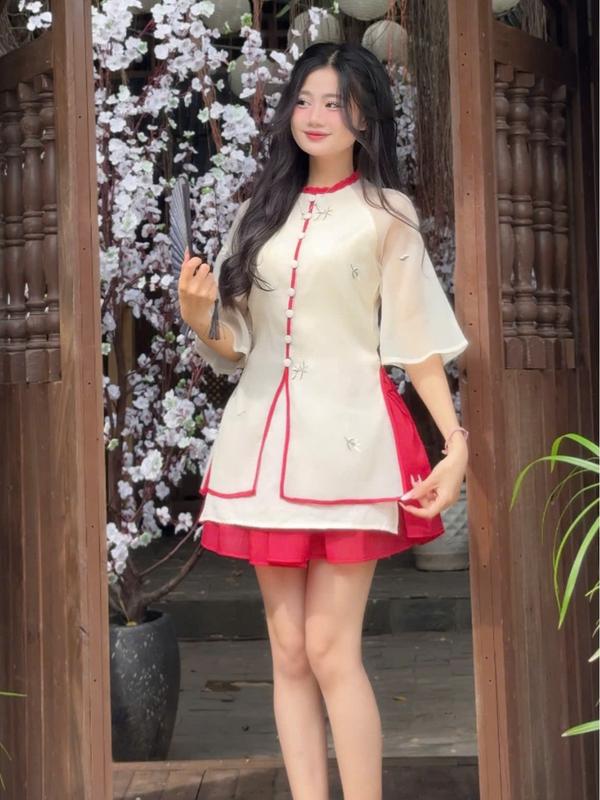 Áo dài cách tân hoa thêu cúc bọc S43 Nữ Kem Voan