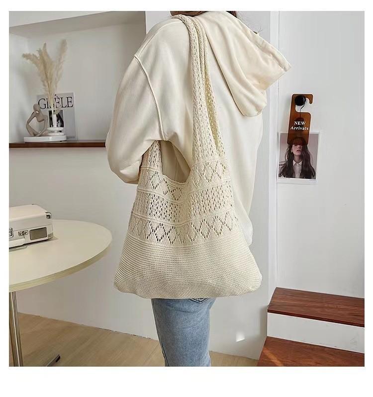 Product Introduction of Woven Bag Tote Bag Vintage Hollow Knit Bag Simple Bags Niche Unique Handbag Women's Bag Solid Color Campus Shoulder Bag good  totes  croissant  bag 10