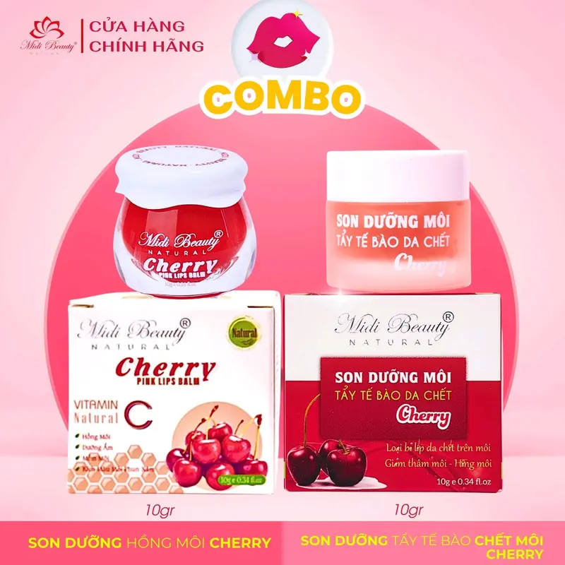 [TẶNG CỌ SILICON] Son Dưỡng Hồng Môi CHERRY 10G và Son Dưỡng Tẩy Da Chết Môi CHERRY 10G Midi Beauty Natural: Dưỡng môi mềm mại, hồng môi, bóng môi. Hỗ trợ mờ thâm môi và k.ích m.àu m.ôi phun xăm [Kèm Muỗng+Thẻ Bảo Hành] Nữ Women 0