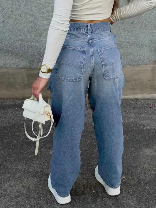 Women's Ripped Denim Jeans, Y2k Casual Fashion Baggy Pants for Daily Wear, Ladies Bottoms for All Seasons, Womenswear 7