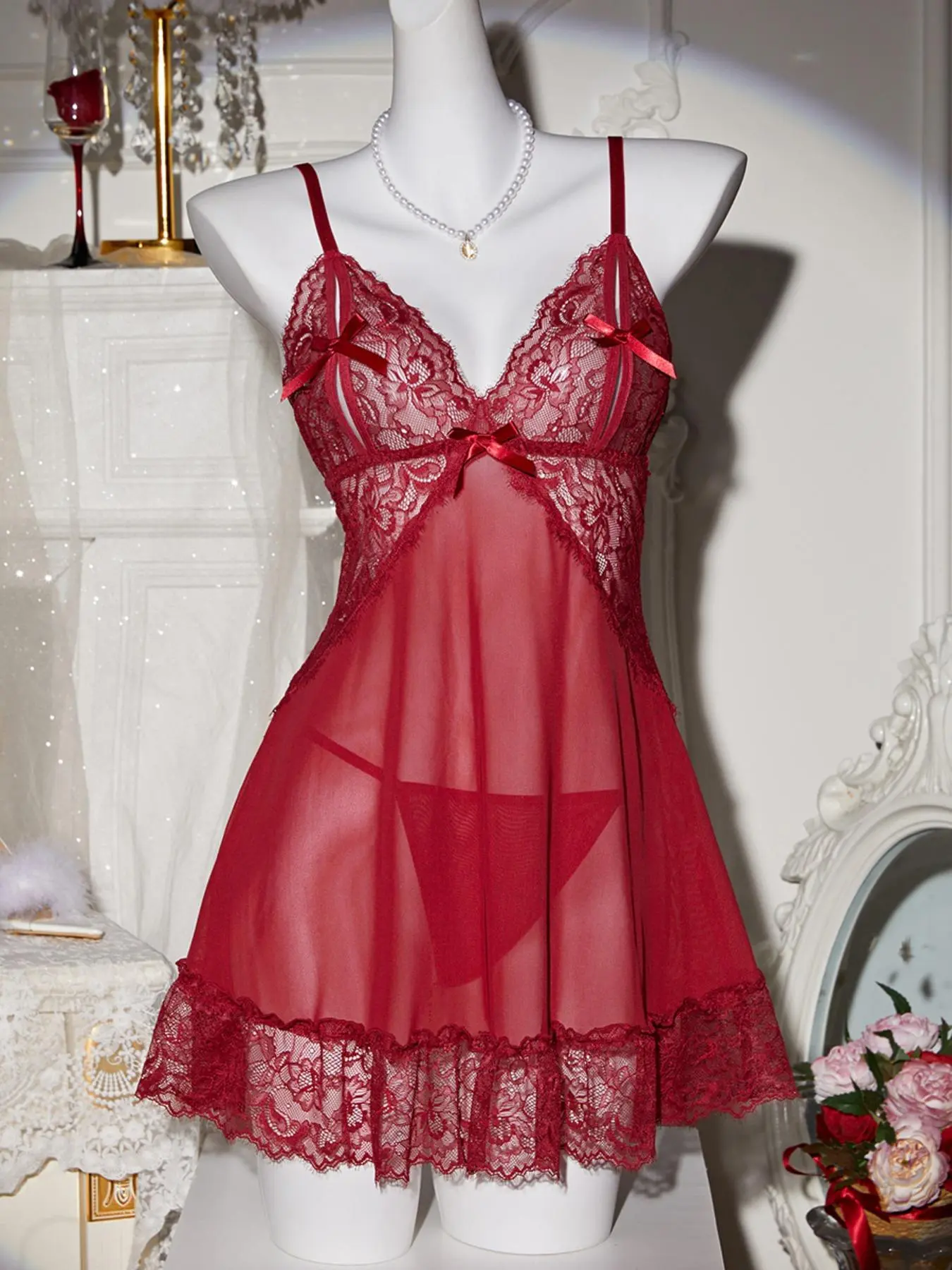 Women's Sexy Lace Sexy Lingerie Two-Piece Set, Solid Color Dress & Thong Set, Soft Comfortable Breathable Lingerie Set for Women